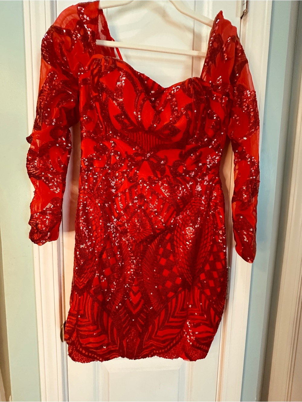 Red Sequin Long Sleeve Mini Dress